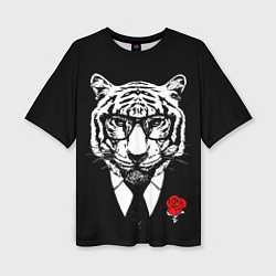 Женская футболка оверсайз Тигр с красной розой