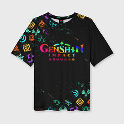 Женская футболка оверсайз GENSHIN IMPACT NEON LOGO RAINBOW STYLE, ЭМБЛЕМЫ