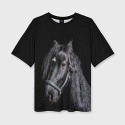 Женская футболка оверсайз Лошадь на черном фоне