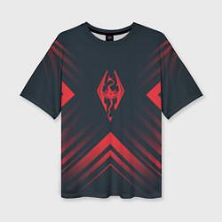 Женская футболка оверсайз Красный Символ Skyrim на темном фоне со стрелками