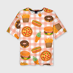 Футболка оверсайз женская PIZZA DONUT BURGER FRIES ICE CREAM pattern, цвет: 3D-принт