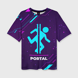 Женская футболка оверсайз Символ Portal в неоновых цветах на темном фоне
