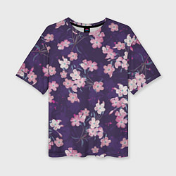 Женская футболка оверсайз Цветы Розовые На Фиолетовом Фоне