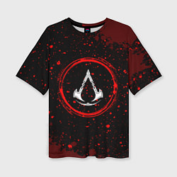 Женская футболка оверсайз Символ Assassins Creed и краска вокруг на темном ф