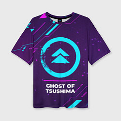 Женская футболка оверсайз Символ Ghost of Tsushima в неоновых цветах на темн