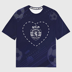 Женская футболка оверсайз Лого Sporting в сердечке на фоне мячей