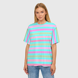 Футболка оверсайз женская Pink turquoise stripes horizontal Полосатый узор, цвет: 3D-принт — фото 2