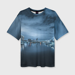 Женская футболка оверсайз Неоновый город вдалеке и небо - Синий