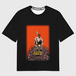 Футболка оверсайз женская Человек-бензопила Дэндзи на красном фоне, цвет: 3D-принт