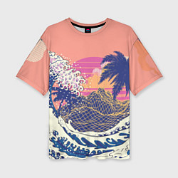 Женская футболка оверсайз Ретро дизайн большие волны, пальмы и абстрактные г