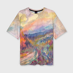 Женская футболка оверсайз Осенний пейзаж акварель