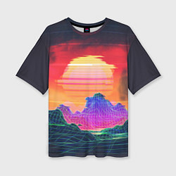 Женская футболка оверсайз Синтвейв неоновые горы на закате