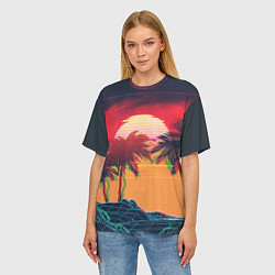 Футболка оверсайз женская Пальмы и пляж на закате с помехами VHS ретро дизай, цвет: 3D-принт — фото 2