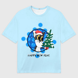 Футболка оверсайз женская Черный кот держит новогоднюю ёлку, цвет: 3D-принт