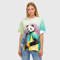 Футболка оверсайз женская Прикольный панда в модной куртке, цвет: 3D-принт — фото 2