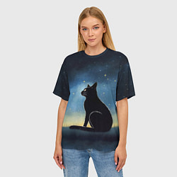 Футболка оверсайз женская Черный кот и звезды - акварель, цвет: 3D-принт — фото 2