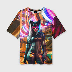 Женская футболка оверсайз Девчонка-кошка в ночном городе - киберпанк