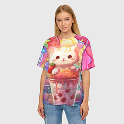 Футболка оверсайз женская Котик в клубничком коктейле, цвет: 3D-принт — фото 2