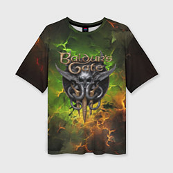 Женская футболка оверсайз Baldurs Gate 3 logo dark green fire