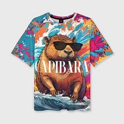Женская футболка оверсайз Капибара в очках на красочных волнах