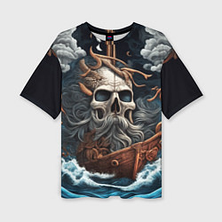 Женская футболка оверсайз Тату ирезуми черепа пирата на корабле в шторм