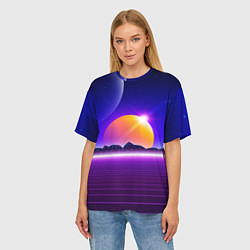 Футболка оверсайз женская Mountains - sun - space - vaporwave, цвет: 3D-принт — фото 2