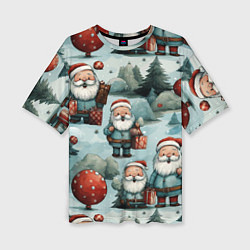Женская футболка оверсайз Рождественский узор с Санта Клаусами