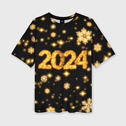 Футболка оверсайз женская Новый 2024 год - золотые снежинки, цвет: 3D-принт