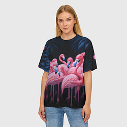 Футболка оверсайз женская Стая розовых фламинго в темноте, цвет: 3D-принт — фото 2