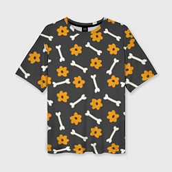 Женская футболка оверсайз Хэллоуинские цветы и кости