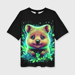 Женская футболка оверсайз Улыбающийся квокка в неоновых листиках