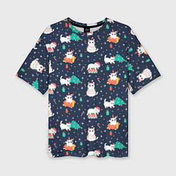 Женская футболка оверсайз Pattern with new years cats