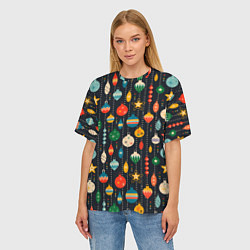 Футболка оверсайз женская Новогодние ёлочные игрушки на черном фоне, цвет: 3D-принт — фото 2