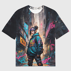 Женская футболка оверсайз Японская девушка в худи