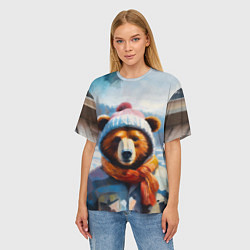 Футболка оверсайз женская Бурый медведь в зимней одежде, цвет: 3D-принт — фото 2