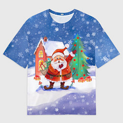 Футболка оверсайз женская Дед Мороз с мешком и елкой, цвет: 3D-принт
