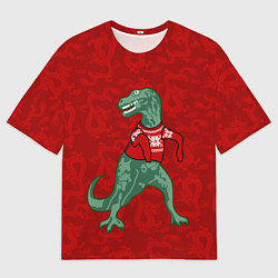Футболка оверсайз женская Динозавр в свитере - новогодние драконы, цвет: 3D-принт