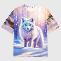 Женская футболка оверсайз Заснеженный зимний пейзаж с песцом