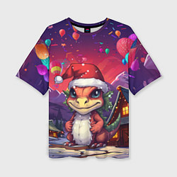 Женская футболка оверсайз Маленький новогодний милый дракон 2024