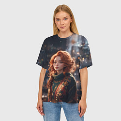 Футболка оверсайз женская Девушка в новогодней кофте, цвет: 3D-принт — фото 2