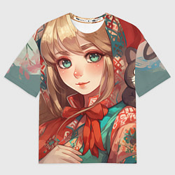 Женская футболка оверсайз Русская девушка в аниме стиле в платке и с плюшево