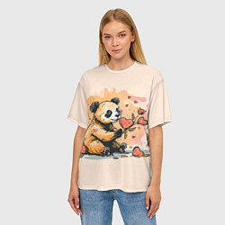 Футболка оверсайз женская Милая панда с сердечком и цветами, цвет: 3D-принт — фото 2