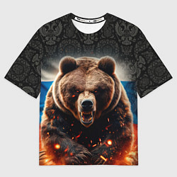 Женская футболка оверсайз Русский медведь на фоне флага и огня