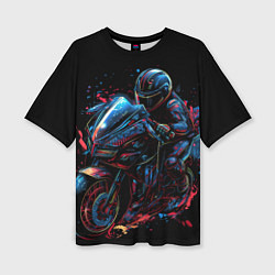 Женская футболка оверсайз Мотоцикл будущего в стиле киберпанк