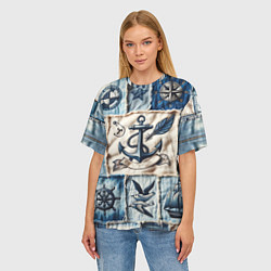 Футболка оверсайз женская Пэчворк с якорем - джинсовка моряка, цвет: 3D-принт — фото 2