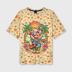 Женская футболка оверсайз Свинка с гитарой жаркое лето