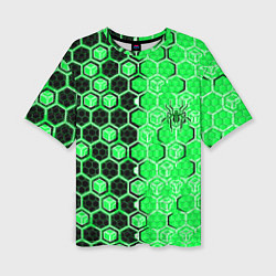 Женская футболка оверсайз Техно-киберпанк шестиугольники зелёный и чёрный с