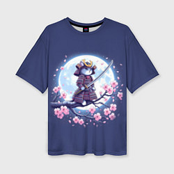 Женская футболка оверсайз Котёнок самурай - цветущая сакура