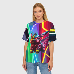 Футболка оверсайз женская Чёрный неоновый Пикачу - нейроарт, цвет: 3D-принт — фото 2