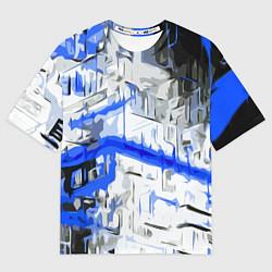Футболка оверсайз женская Сине-белая абстракция на чёрном фоне, цвет: 3D-принт